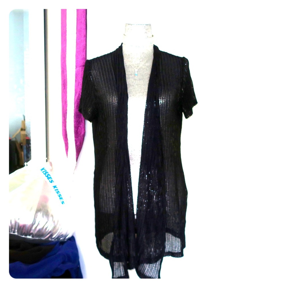 Herringbone Stitch Knit Weave Black Open Cardigan